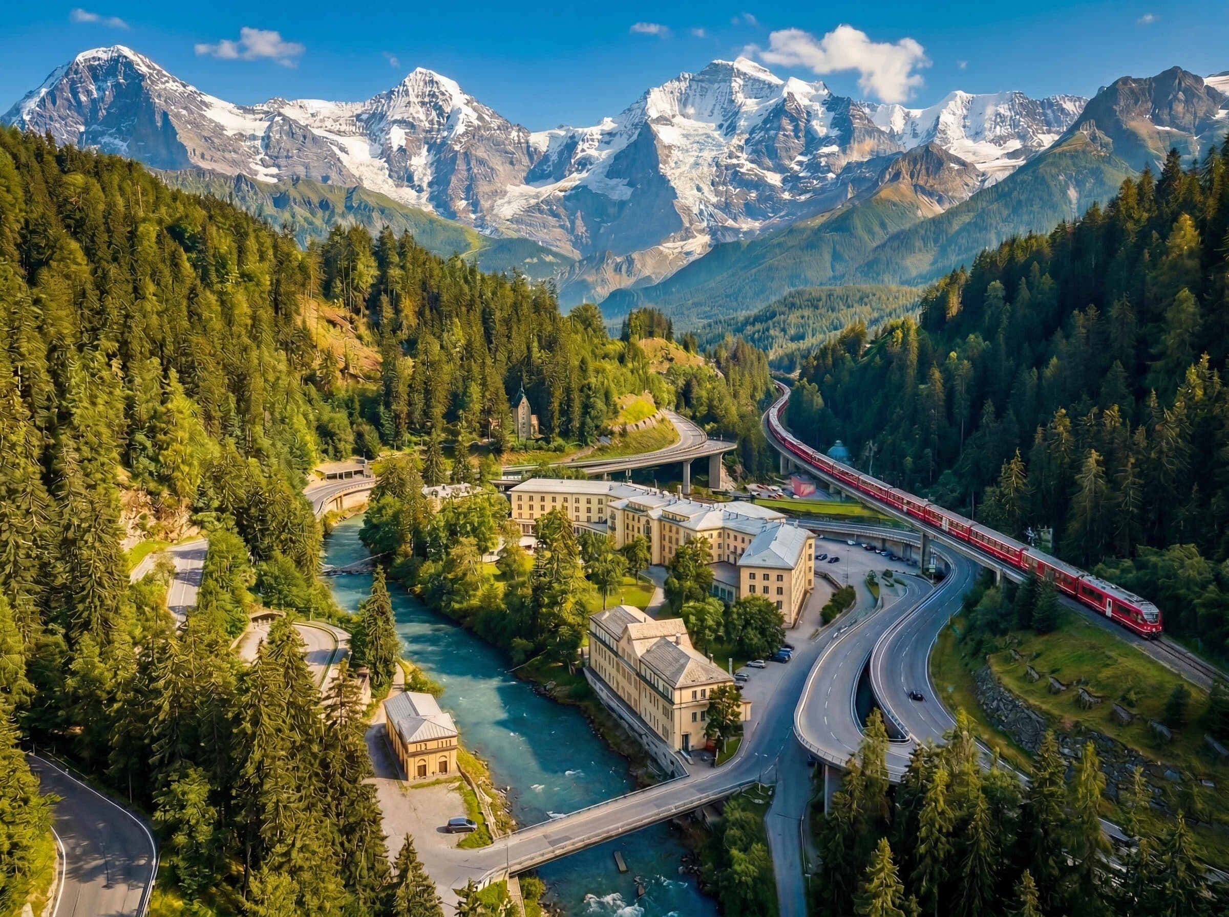 Aerial view of Scuol Palace and the Engadine valley