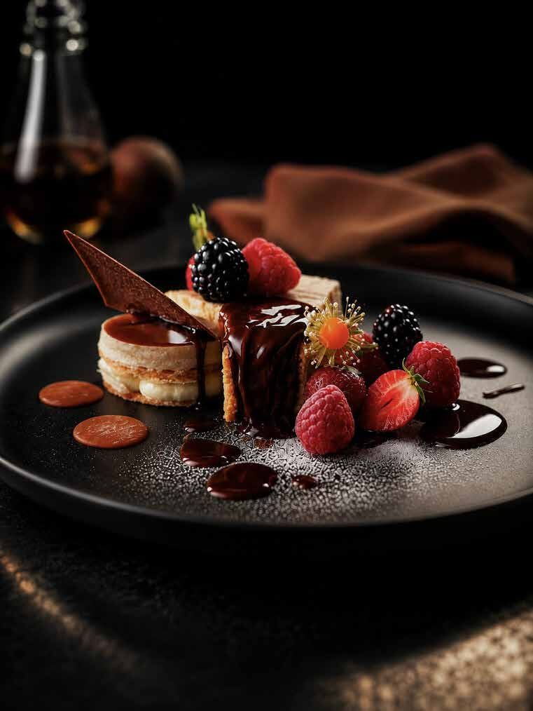 Plated gourmet dessert with berries