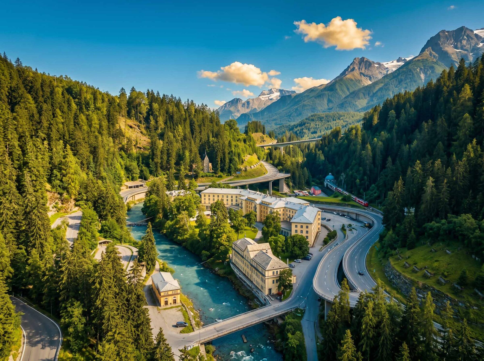 The palace set above an alpine river gorge