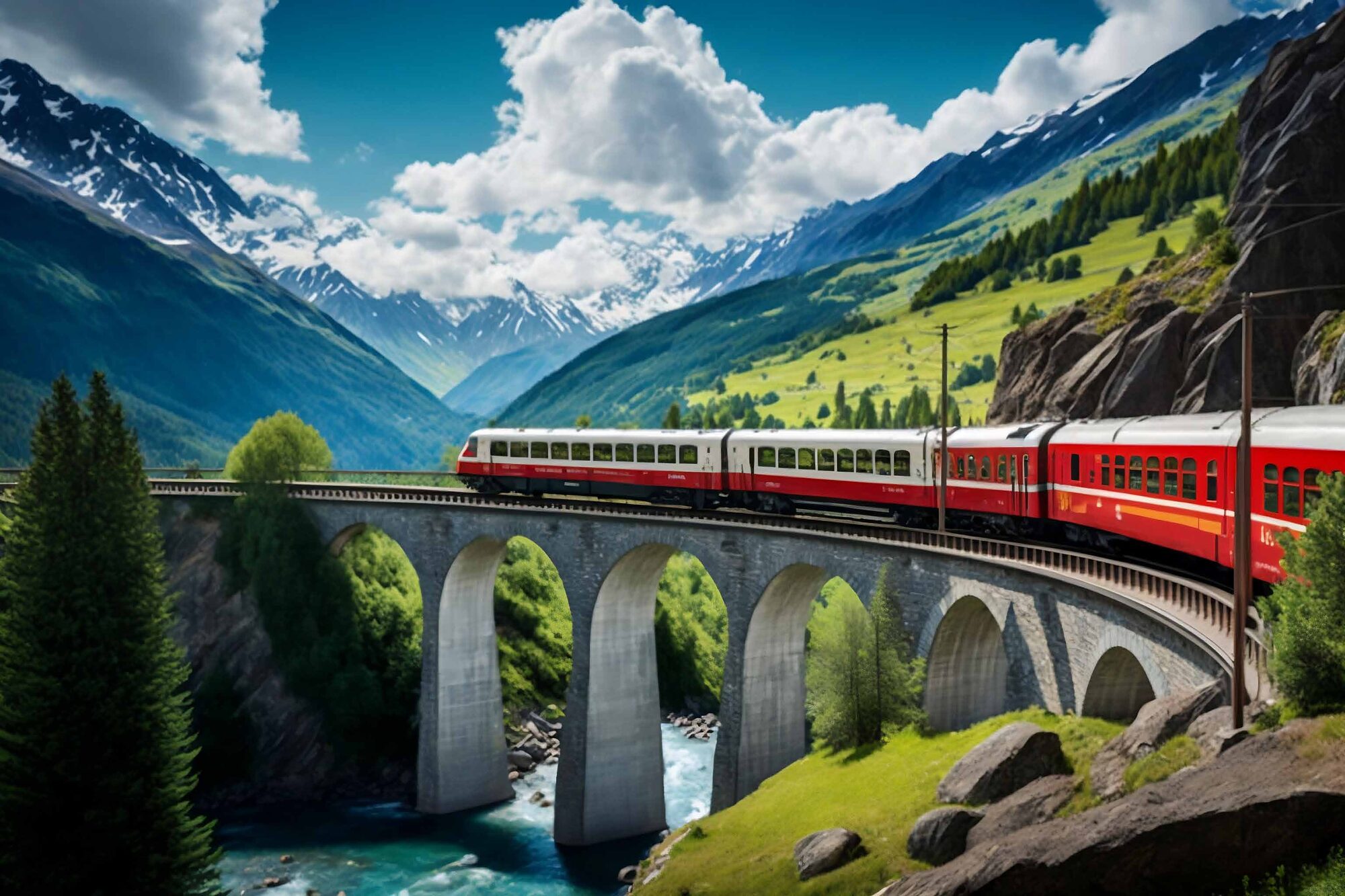 Red train crossing a stone viaduct